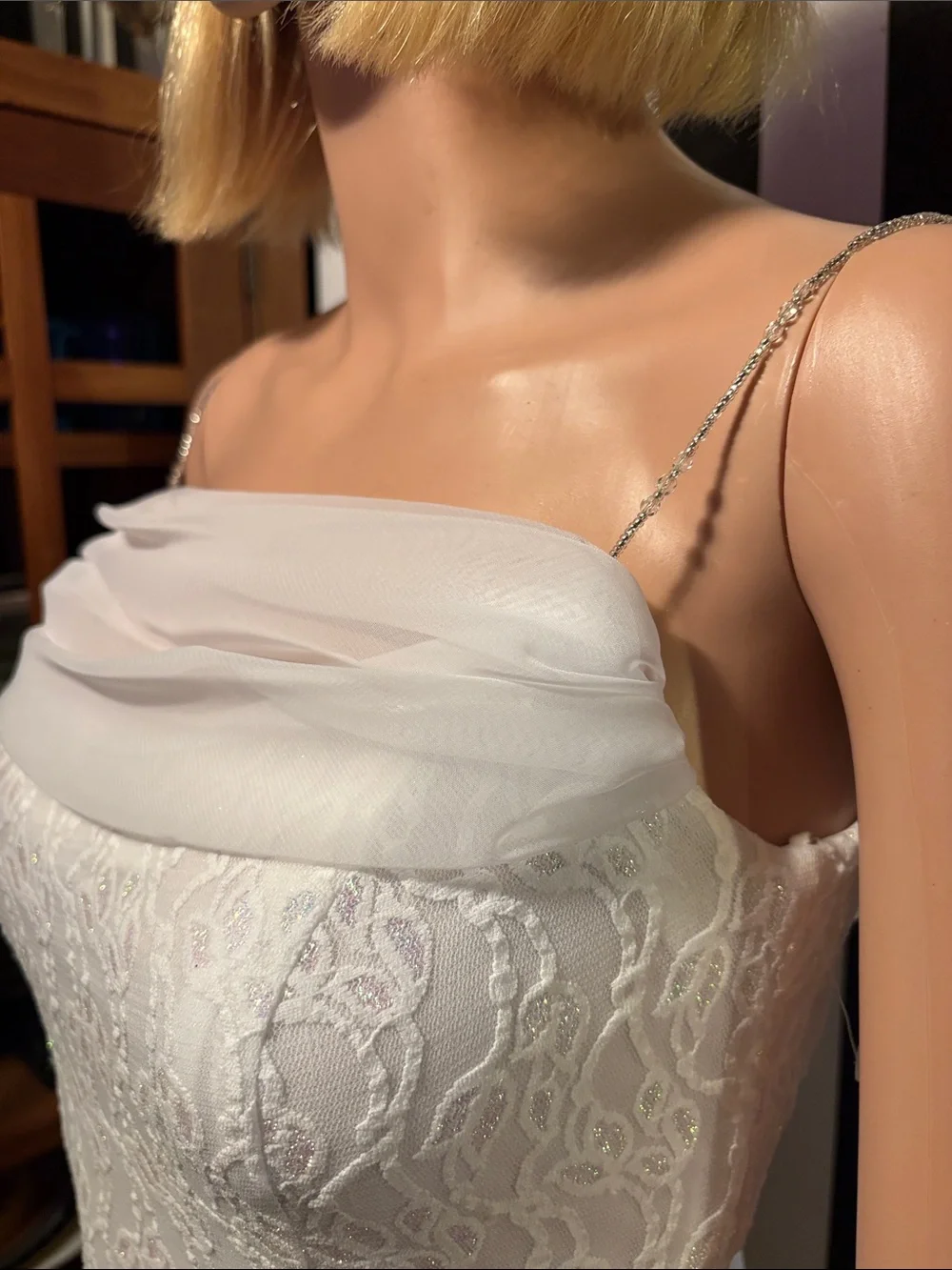 Y2K Wedding Dress Lace Column Long Gown Sheer Cowl Neck Size 0/2 XS Beaded Strap